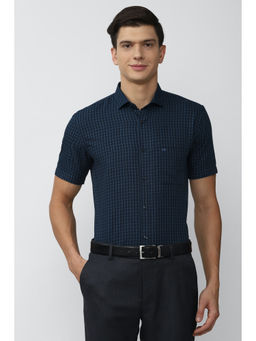 Peter England - Men Navy Blue Checks Cotton Blend Formal Shirt