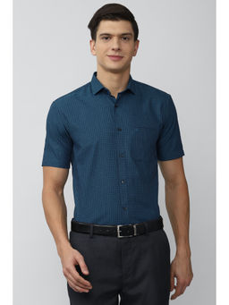 Peter England - Men Blue Checks Cotton Blend Formal Shirt