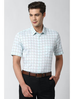 Peter England - Men Blue Checks Cotton Blend Formal Shirt