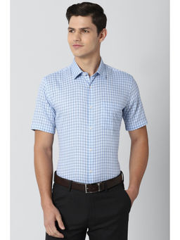 Peter England - Men Blue Checks Cotton Blend Formal Shirt
