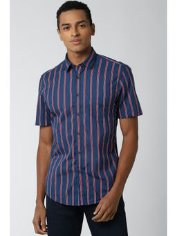Peter England - Men Blue Stripes Cotton Casual Shirt