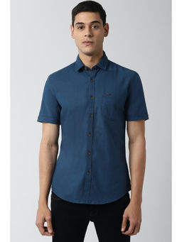 Peter England - Men Navy Blue Solid/Plain Cotton Blend Casual Shirt