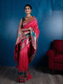 Beatitude - Pink Ethnic Motifs Silk Blend Banarasi Saree with Unstitched Blouse