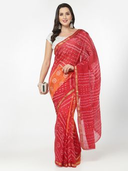 KISHORI - Women Silk Bandhani and Zari Weaving Saree with Unstitched Blouse - Red & Orange