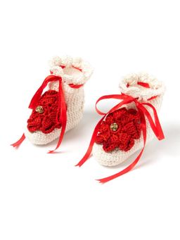 FUNKRAFTS - Handmade Crochet Baby Girl Infant Booties for 6-12 Months-Red & White