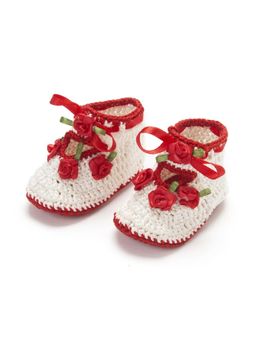 FUNKRAFTS - Handmade Crochet Baby Infant Booties for 6-12 Months Girl-Red & White