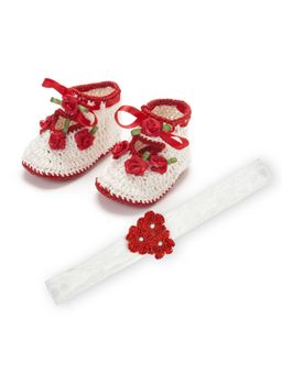 FUNKRAFTS - Handmade Crochet Infant Booties with Headband for 6-12 Months Girl-Red-White (Set of 2)