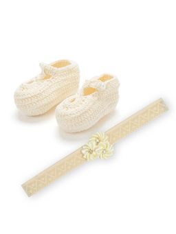 FUNKRAFTS - Handmade Crochet Infant Booties with Headband for 6-12 Months Girl-Off White (Set of 2)