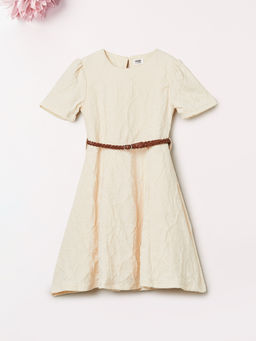 max - Beige Polyester Half Sleeves Self Design Mini Dress