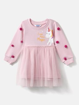 Nautinati - Girl's Pink Unicorn Print Full Sleeve Knee Length Dress
