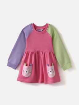 Nautinati - Girl's Multicolour Cat Print Full Sleeve Terry Frock with Pockets