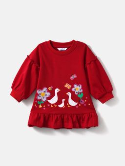 Nautinati - Girl's Bright Red Full Sleeve Frock with Frills