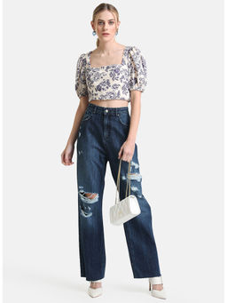 Kazo - Blue Puff Sleeve Smocked Printed Top