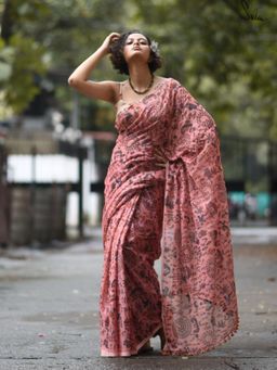 Suta - Peach Printed Pure Cotton Saree without Blouse