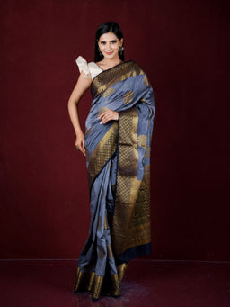 EXCLUSIVA - Grey Zari Woven Work Banarasi Saree with Unstitched Blouse