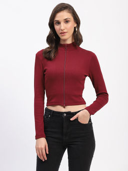 Madame - Ribbed Mock Neck Zipped Bodycon Maroon Top
