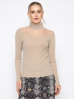 Madame - Brown Semi Sheer Fawn Knitted Top for Women