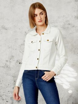 Miss Chase - Women's White Denim Solid Cropped Jacket