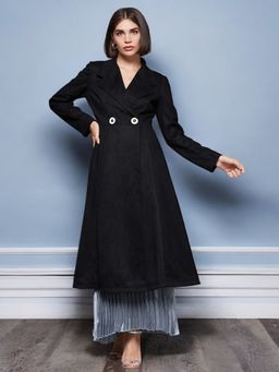 Miss Chase - Women's Black Solid Double Breasted Longline Overcoat