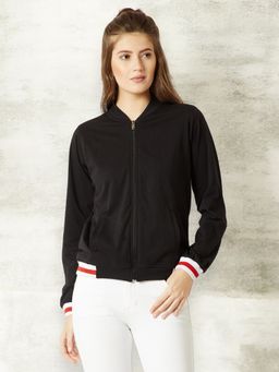 Miss Chase - Women's Black Full Sleeve Cotton Ribbed Solid Bomber Jacket