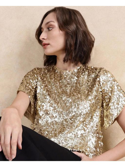 Buy RAREISM Zepla Metalic Gold Solid Regular Top (XXS) Online