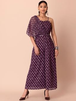 Indya - Sangria Dabu Printed Pallu Jumpsuit with Belt (Set of 2)