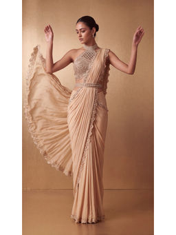 "Two Sisters" by Gyans - Champagne Hand-Embroidered Gold Pre-draped Saree with Belt