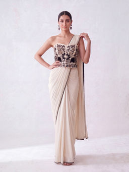 "Two Sisters" by Gyans - Floral Thread Embroidered Ivory Pre-Draped Saree