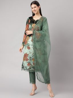 Divena - Green Burn Out Velvet Kurta Haram Pant with Organza Dupatta (Set of 3)