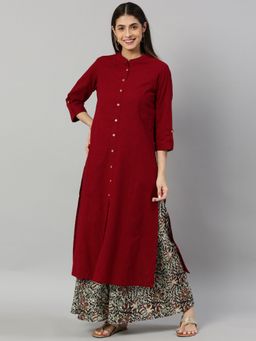 Yash Gallery - Cambric Cotton Kalamkari Print Straight Kurta Palazzo Set-Maroon (Set Of 2)
