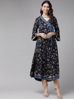 Yash Gallery - Rayon Floral Print Angrakha Kurta-Blue