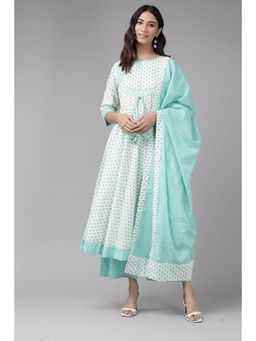 Yash Gallery - Cotton Floral Print Anarkali Kurta Palazzo & Dupatta Set-White (Set Of 3)