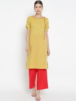 Yash Gallery - Cotton & Rayon Floral Print Straight Kurta Palazzo Set-Yellow (Set Of 2)