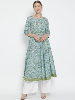 Yash Gallery - Cotton Floral Print Anarkali Kurta-Blue