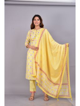 Yash Gallery - Embroidered Floral Straight Kurta With Printed Pant And Dupatta-Yellow (Set Of 3)