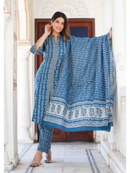 Yash Gallery - Blue Floral Printed Anarkali Kurta With Pant & Dupatta Set-Blue (Set Of 3)