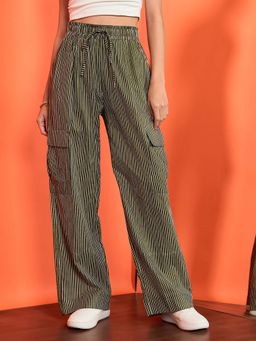 Uptownie - Green Striped Cargo Trousers with Elasticated Waistband