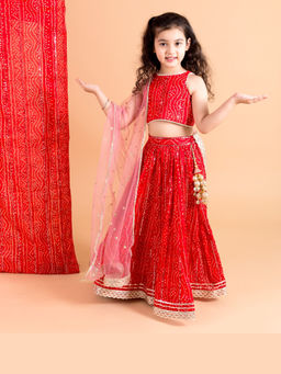 Chotibuti - Red Bandhani Printed Cotton Lehnga Set