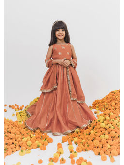 Chotibuti - Orange Chanderi Printed Lehnga Set