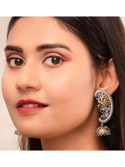 STUDIO B40 - Handcrafted Dual Tone Brass Peacock Jhumka - Navy Blue