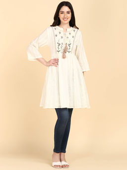 Maaesa - Off White Cotton Lurex Embroidered Tunic