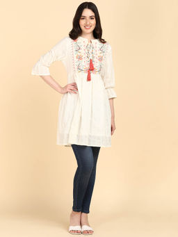 Maaesa - Off White Cotton Lurex Embroidered Tunic