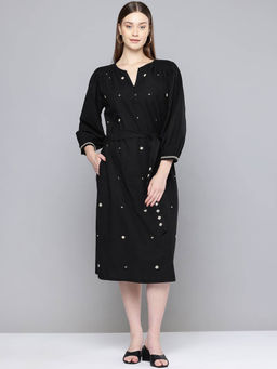 Scoup - Floral Embroidered Bishop Sleeve Linen A-Line Midi Dress