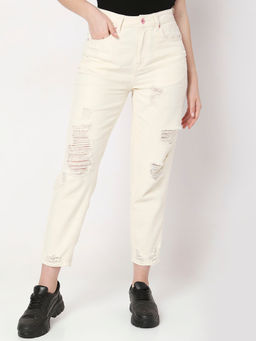 VERO MODA - Off-white High Rise Distressed Straight Jeans