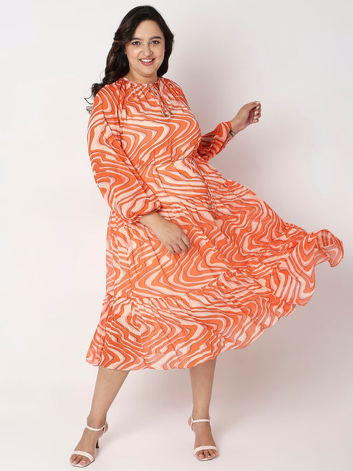 orange abstract dress Burnt Orange Abstract Print Cowl Neck Ruched Side Strappy Midi Dress AX Paris