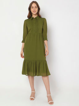 VERO MODA - Olive Green Midi Shirt Dress