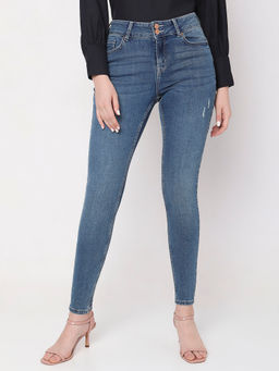 VERO MODA - Blue Mid Rise Mildly Distressed Slim Jeans