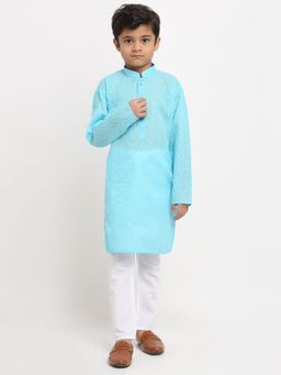 Kraft India - Boys Sky Blue Chikan Embroidery Cotton Kurta with Pyjamas (Set of 2)