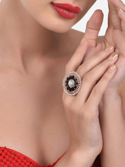 Zaveri Pearls - Black Stones & Austrian Diamonds Flower Shape Ethnic Finger Ring-ZPFK12920