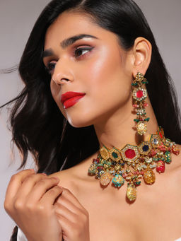 Ruby Raang Studio - Handcrafted Multi Beaded Kundan Choker With Long Earrings